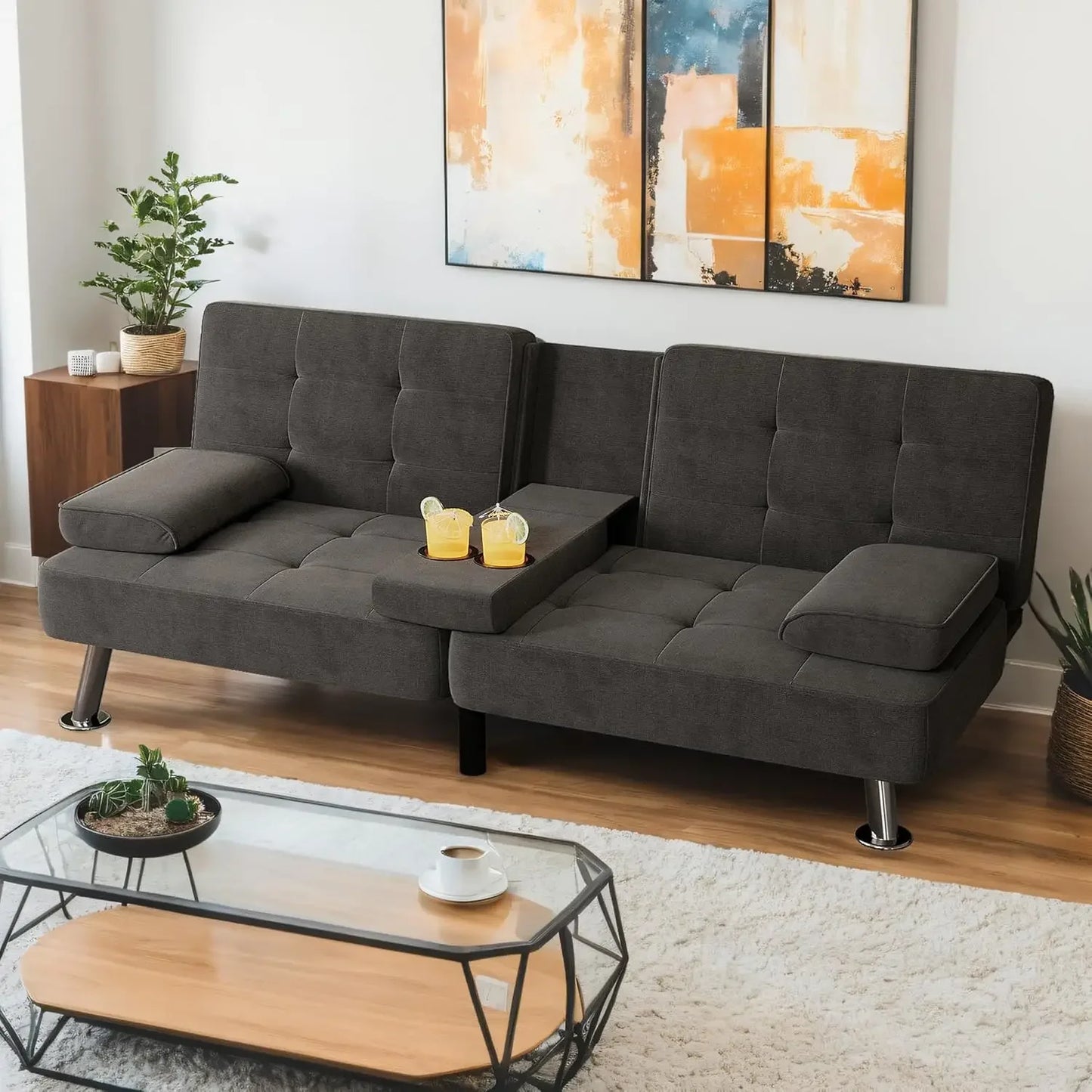 XMSJ Modern Linen Futon Sofa Bed Removable Armrests