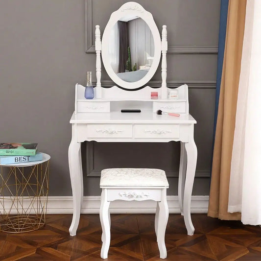 Hign-concerned Makeup Vanity Table Set 4 Drawers Oval Mirror