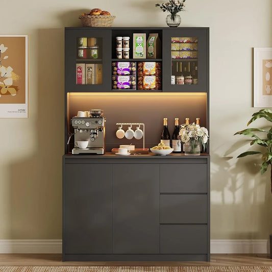 Kitchen Pantry Cabinet Microwave Stand LED And Power Outlets