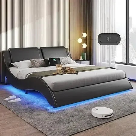 XMSJ Modern Platform Bed Frame With LED Lights Headboard