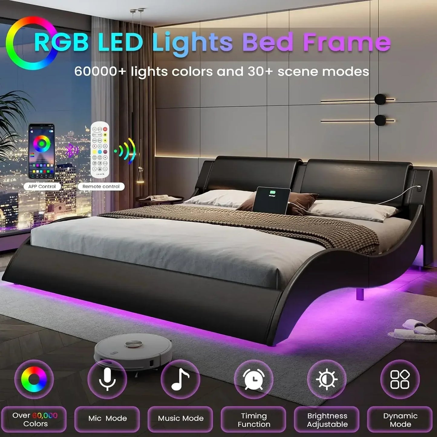 XMSJ Modern Platform Bed Frame With LED Lights Headboard