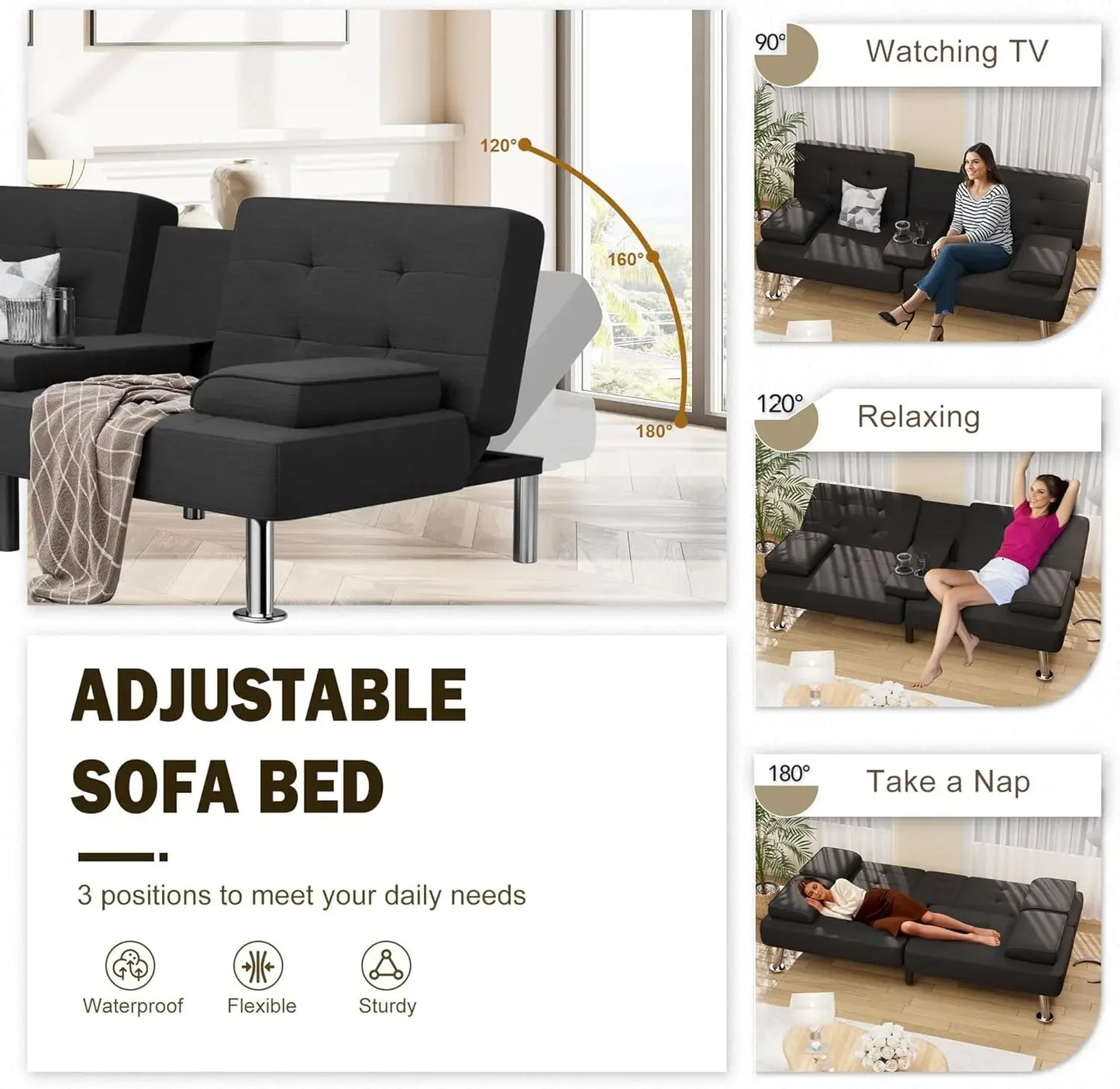 XMSJ Modern Linen Futon Sofa Bed Removable Armrests