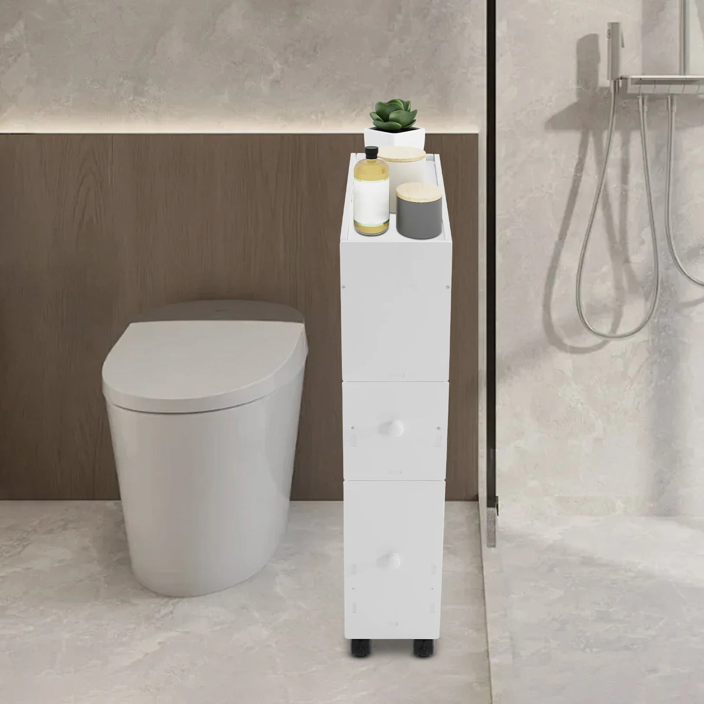 Bymaocar Narrow PVC Floor Standing Bathroom Cabinet Drawers