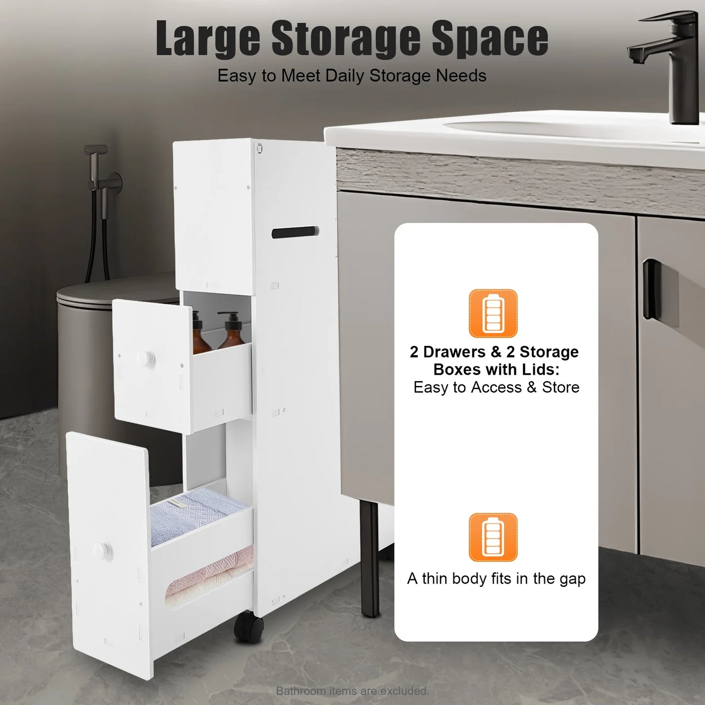 Bymaocar Narrow PVC Floor Standing Bathroom Cabinet Drawers