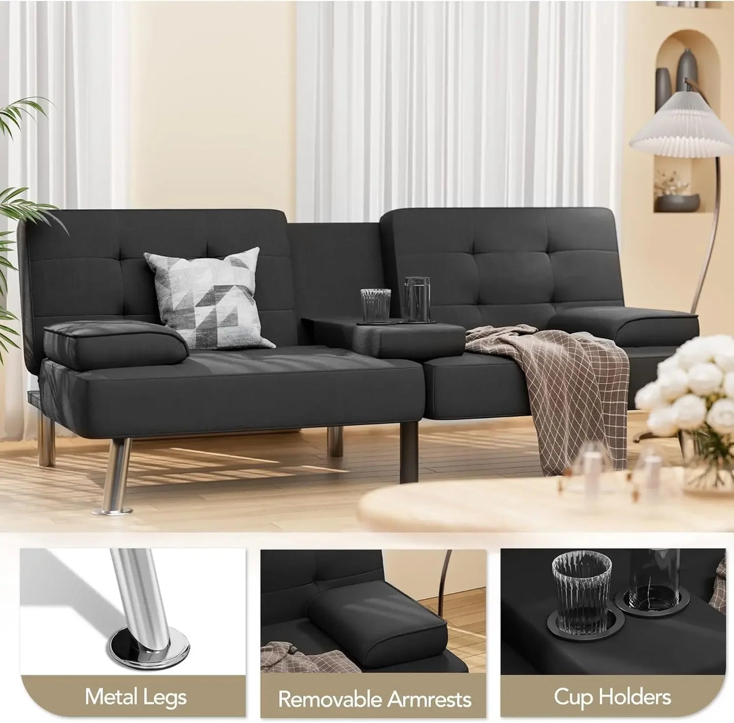 XMSJ Modern Linen Futon Sofa Bed Removable Armrests