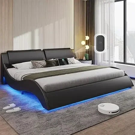 XMSJ Modern Platform Bed Frame With LED Lights Headboard