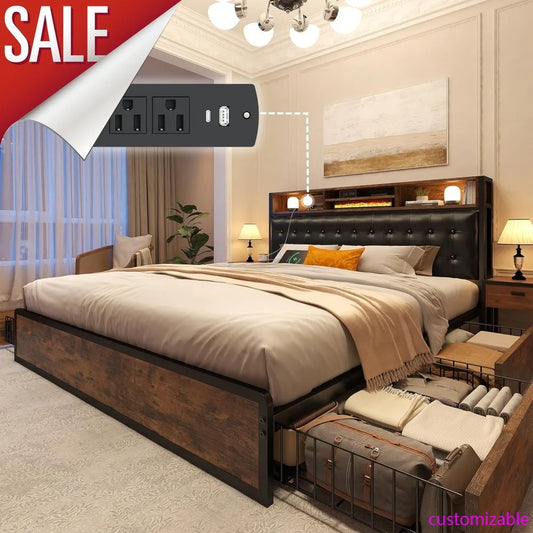 XMSJ Bed Frame With Storage Drawers And Charging Station