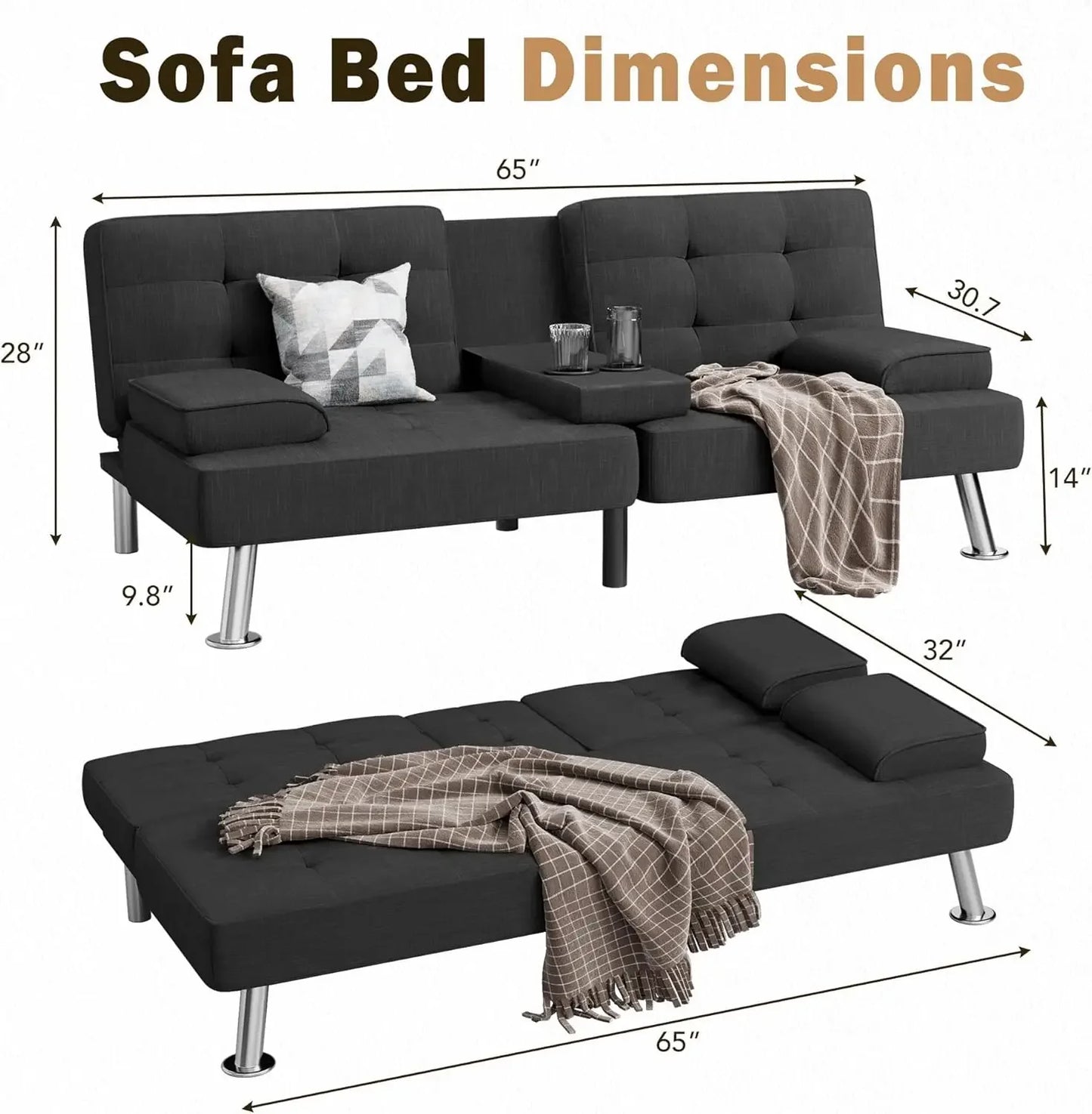 XMSJ Modern Linen Futon Sofa Bed Removable Armrests