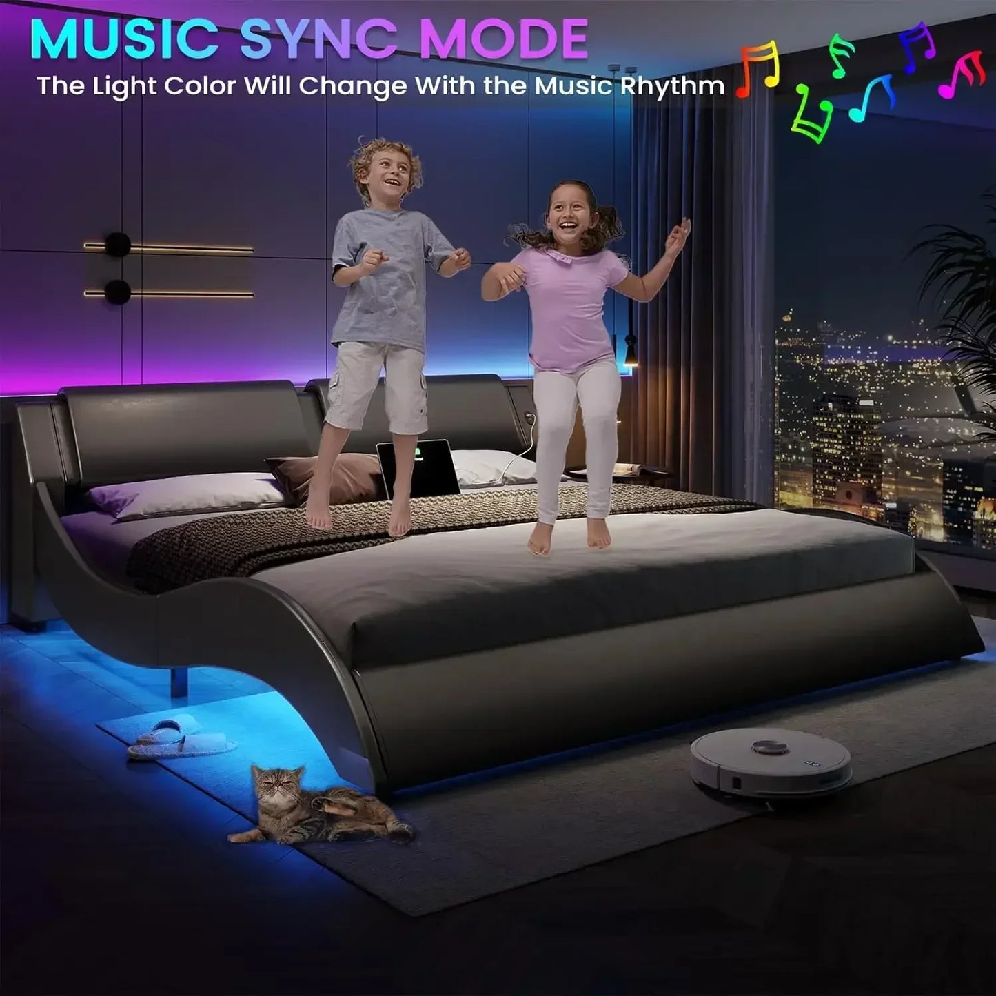 XMSJ Modern Platform Bed Frame With LED Lights Headboard