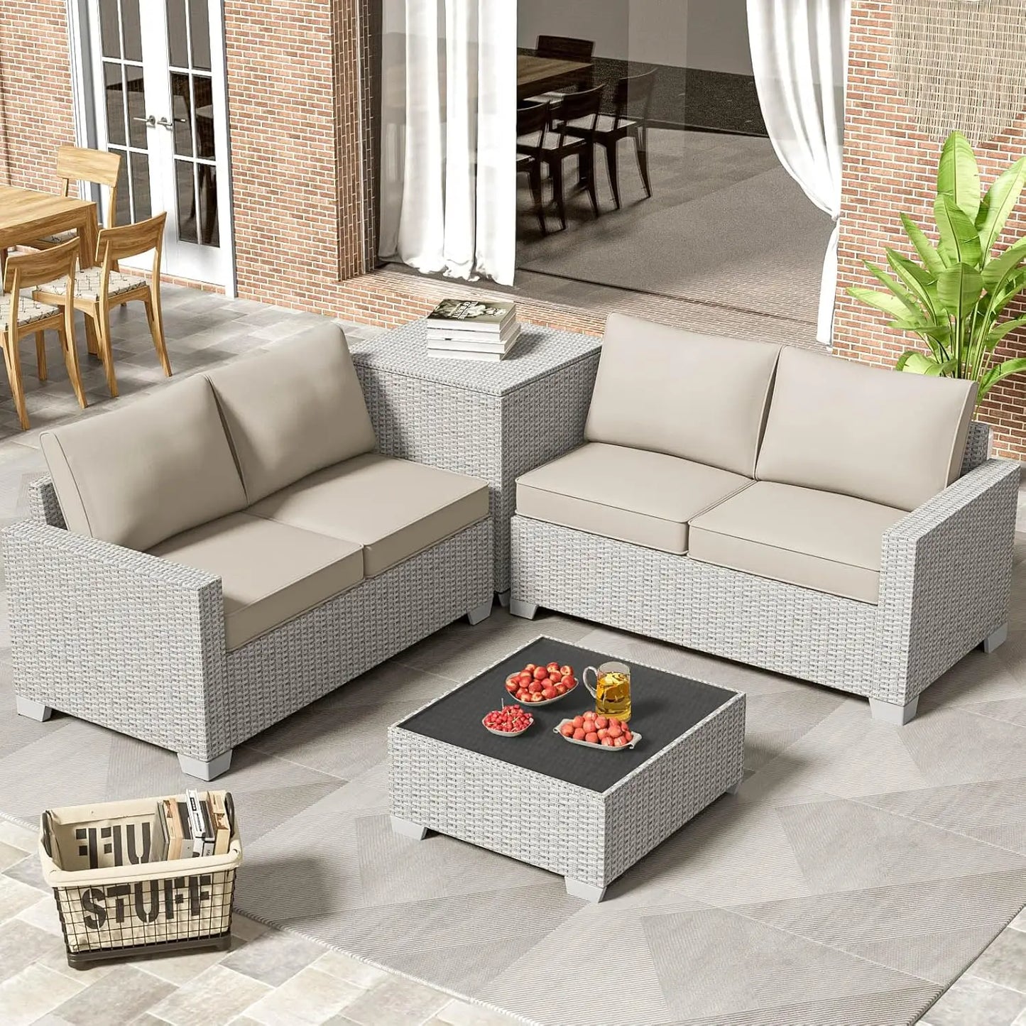 ANGDUO Premium Outdoor Patio Set With Storage Glass Table