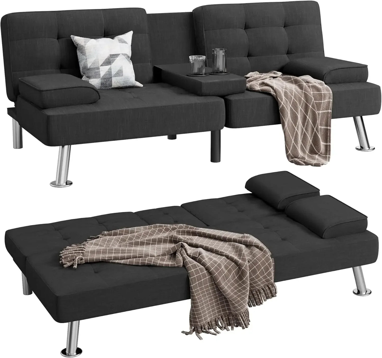 XMSJ Modern Linen Futon Sofa Bed Removable Armrests