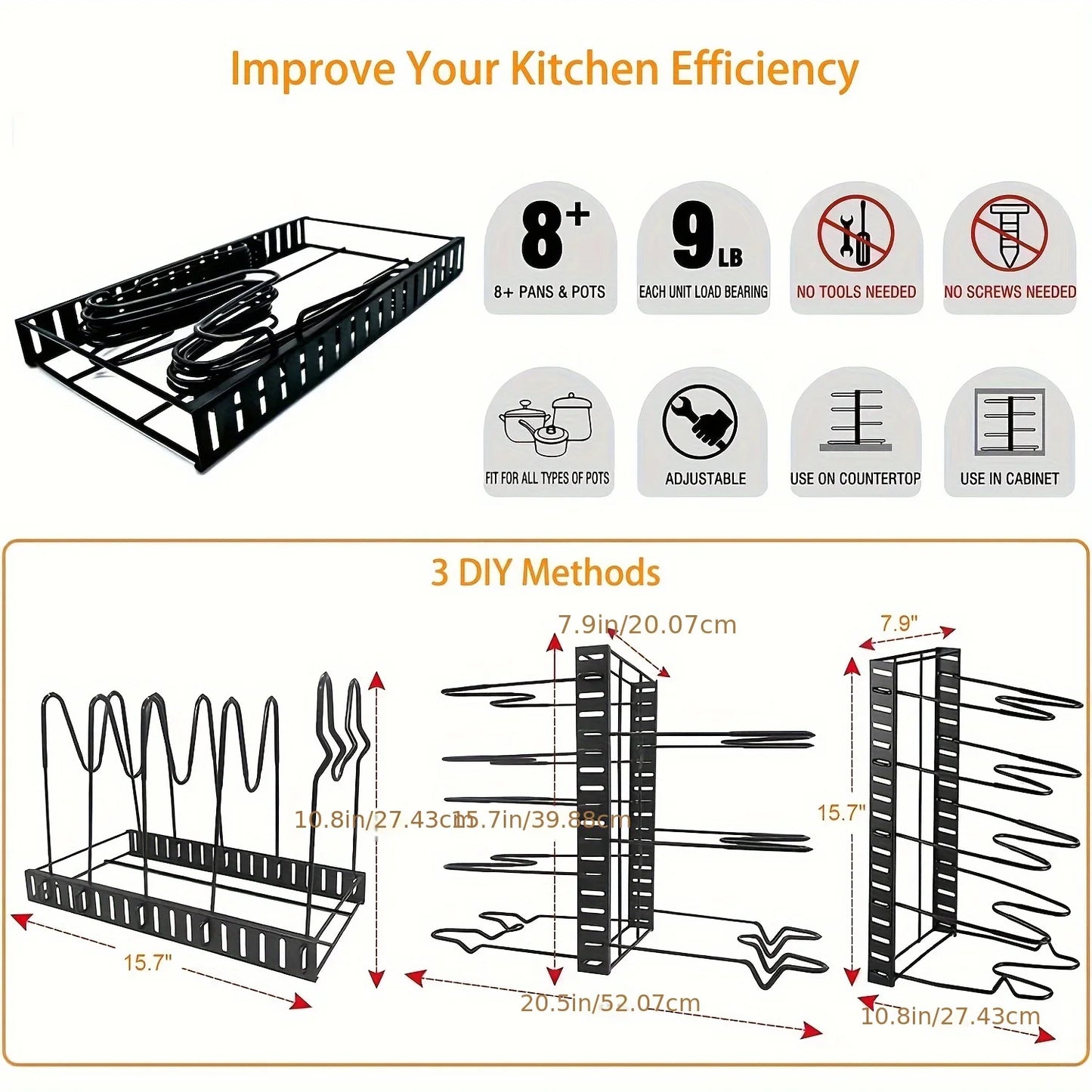 Hign-Concerned Pot Rack Organizer With Adjustable Lid Holders