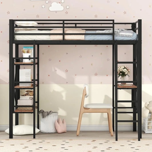 Metal Loft Bed With Desk Shelves Ladder And Safety Guard