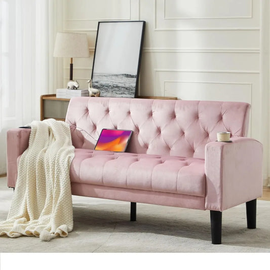 YANYING Velvet Loveseat Sofa With USB Ports And Cupholders