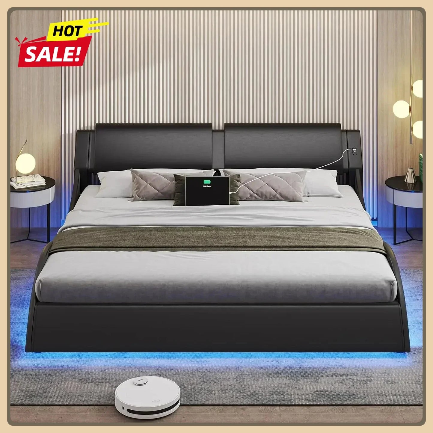 XMSJ Modern Platform Bed Frame With LED Lights Headboard