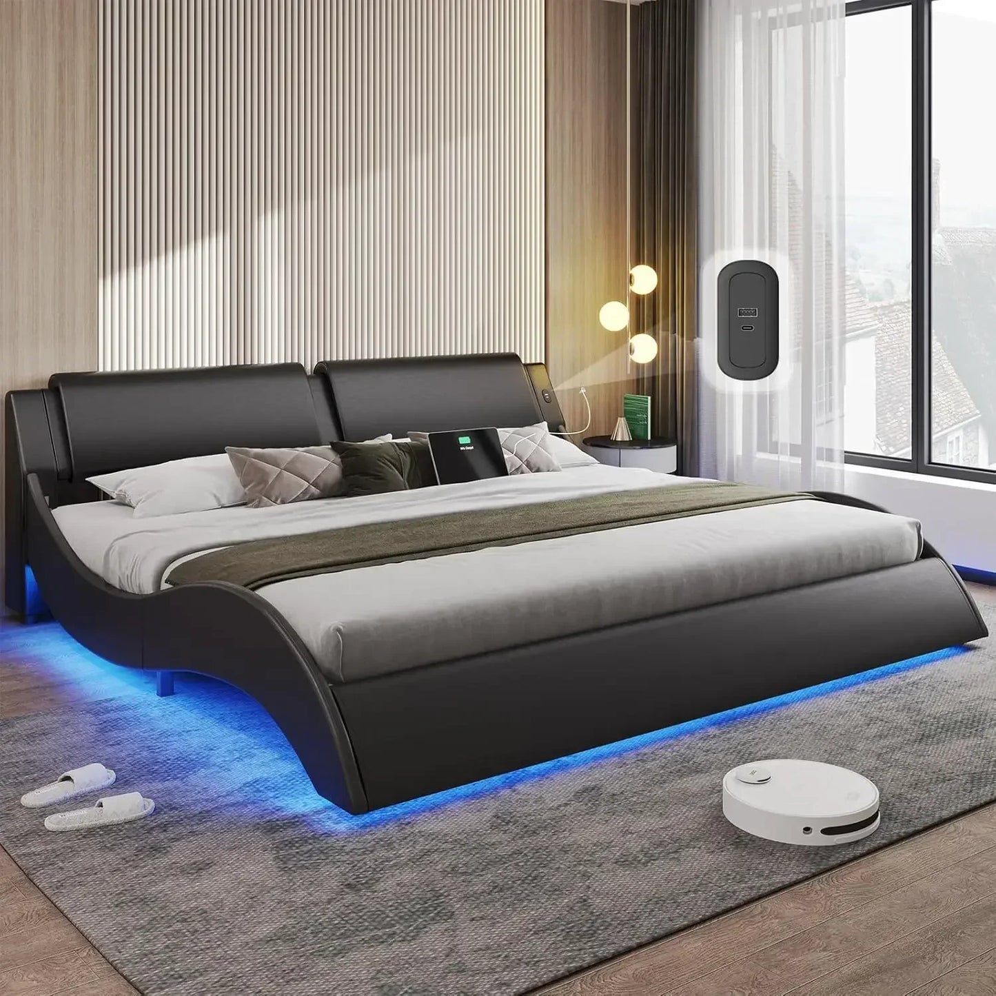 XMSJ Modern Platform Bed Frame With LED Lights Headboard